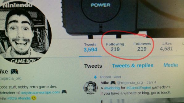 Image: My old twitter account with follow and follower numbers the same.